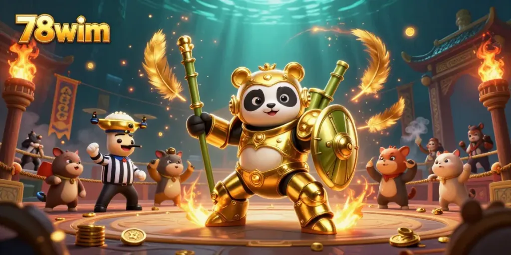 Engage in thrilling gameplay at 78wim with a mech-suit panda battling in a dynamic casino arena.