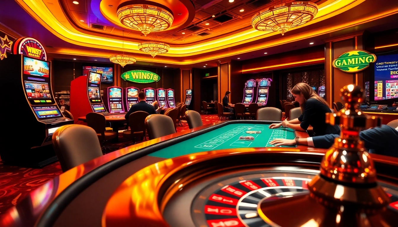 Gamblers enjoying a game at WIN678's vibrant casino with poker tables and slot machines.