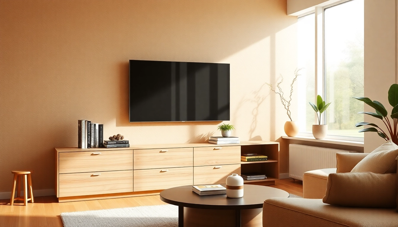 Showcase a stylish cabinet tv cabinet in a cozy living room with warm lighting and natural decor.