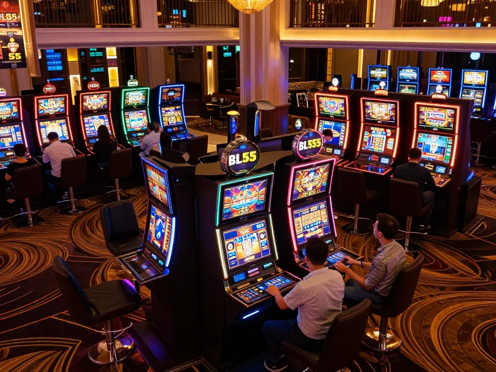 Players indulging in slot machines at the BL555 casino, capturing the thrill of winning.