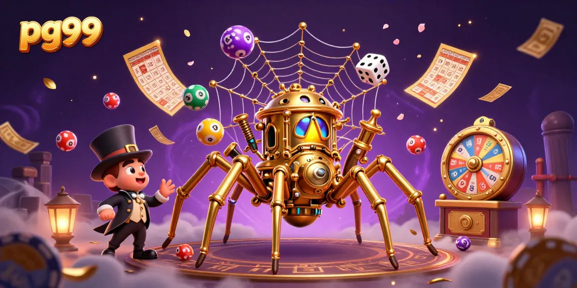 Engage in thrilling PG99 casino action with golden spider and vibrant jackpot elements.