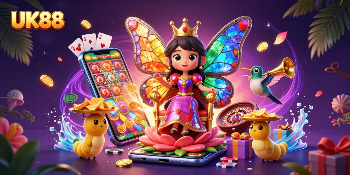 UK88 players enjoying vibrant slot games amidst colorful casino-themed characters in a rich fantasy landscape.