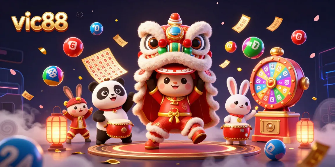 Experience the excitement of vic88 with the vibrant illustration capturing bustling lottery elements and festive characters.