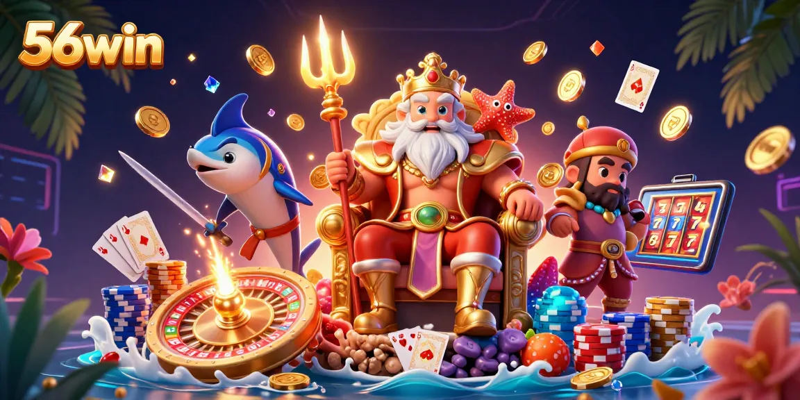 Experience winning big at 56win with vibrant casino excitement, featuring animated characters and rich gaming elements.