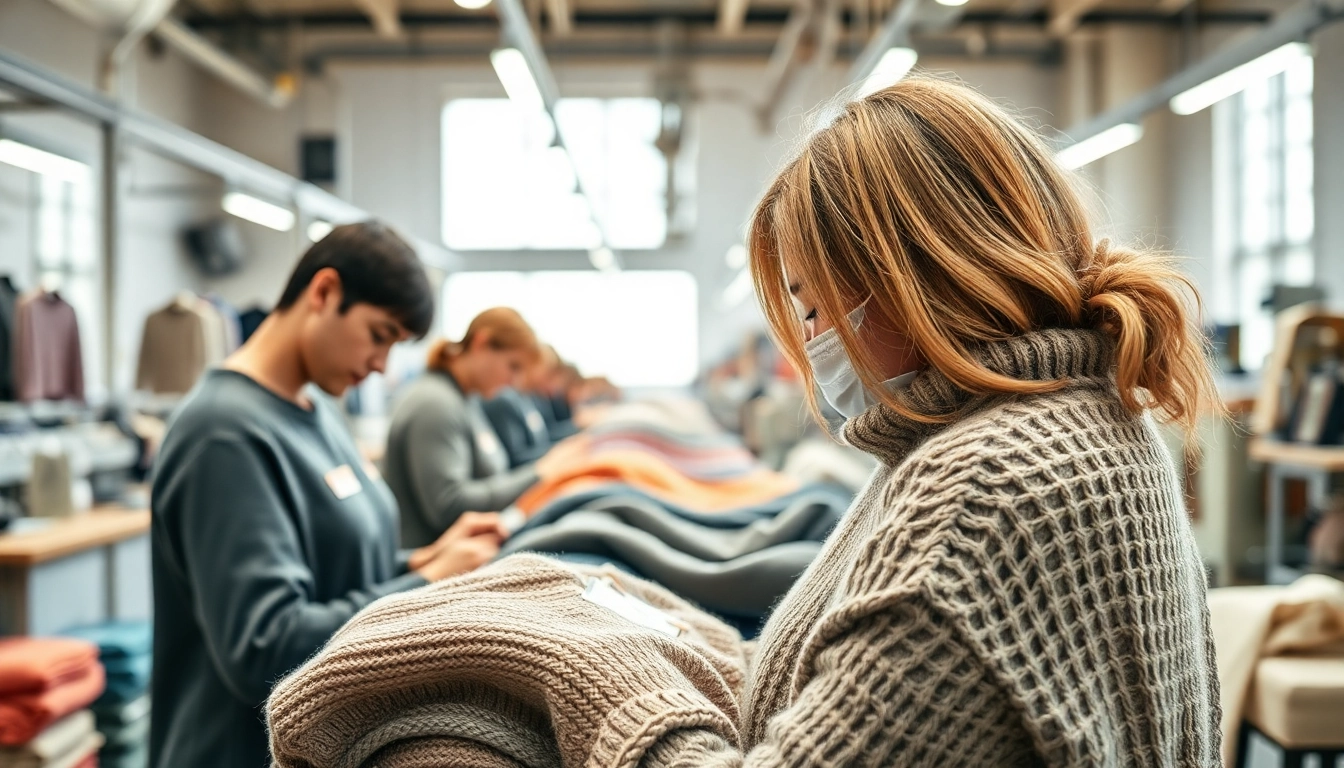 Artisan working in a high quality clothing manufacturer environment, showcasing intricate knitwear creation.