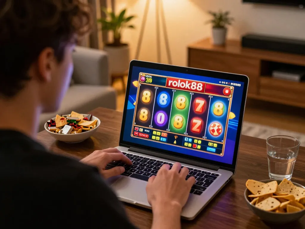 Engaged player enjoying rokok88 slot game on laptop with colorful reels spinning in home setting