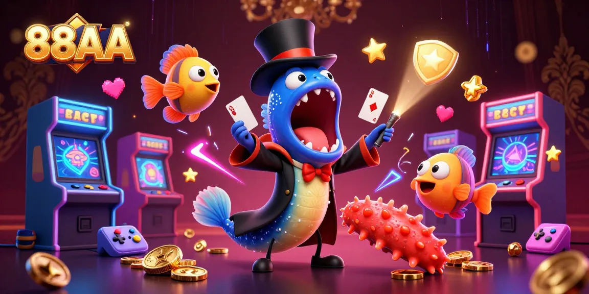Experience thrilling card tricks with 88AA in a vibrant, casino-themed illustration featuring deep-sea creatures.