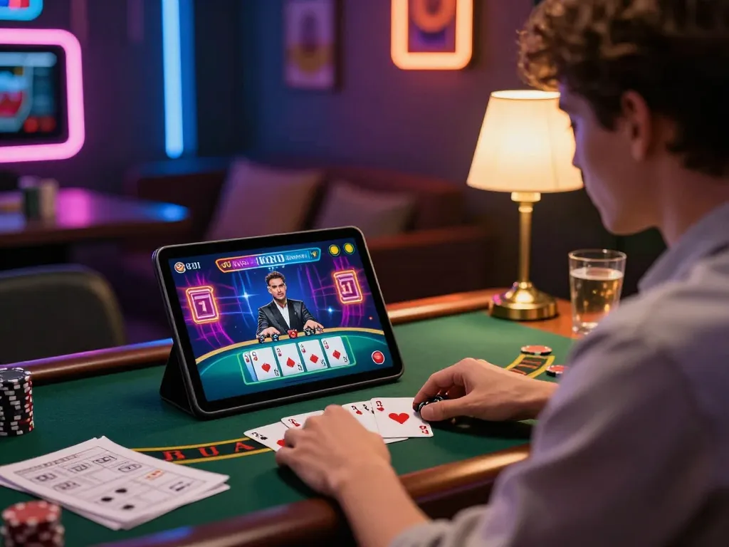 Max88 online casino gaming scene with a player focused on live blackjack on a tablet, showcasing strategic gameplay.