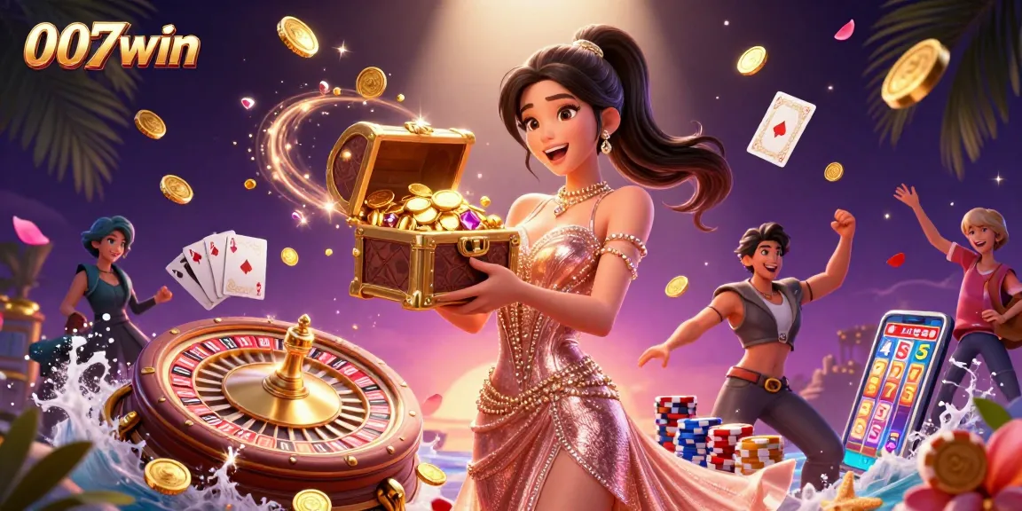 Experience thrilling gaming action at 007win, showcasing jackpots, golden coins, and vibrant casino elements.