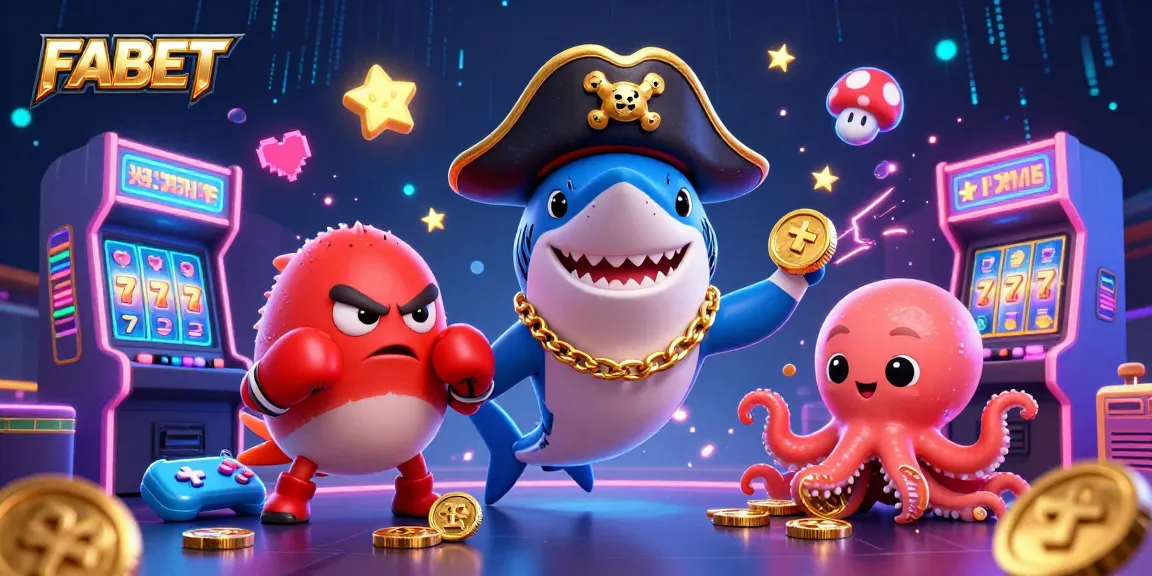 Experience the thrilling action at FABET with a vibrant illustration of a pirate shark and friends in a dynamic casino scene.