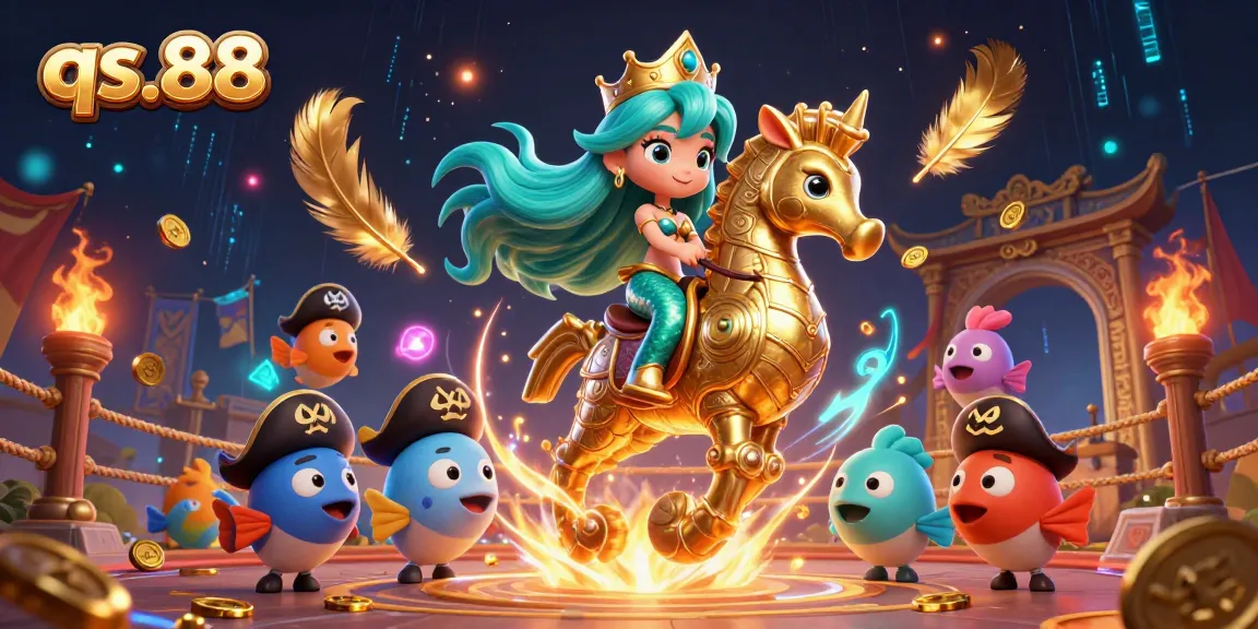 Experience the excitement of qs.88 with a 3D mermaid riding a golden seahorse amidst vibrant casino-themed elements.