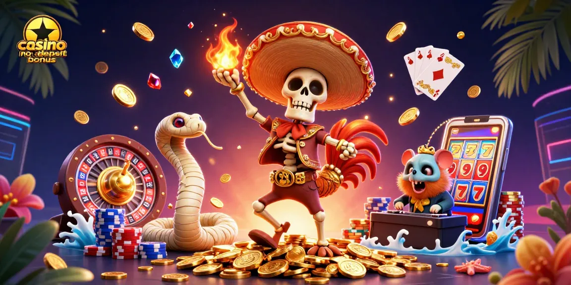 Engage with exciting casino no deposit bonus offers amidst vibrant 3D characters and rich casino elements.