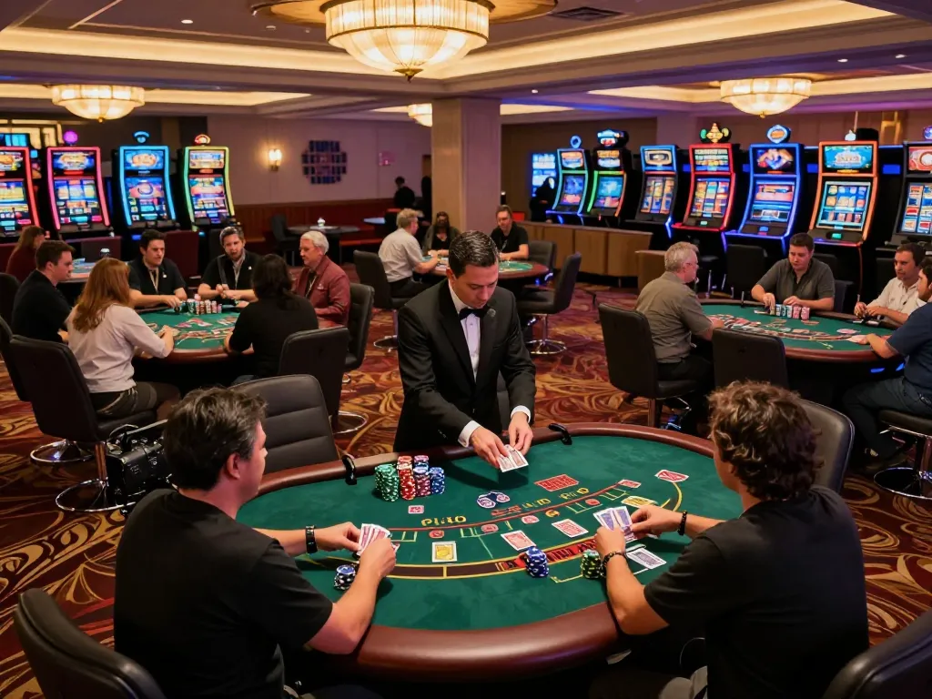 Players engage with SC88 strategies at blackjack tables, vibrant casino energy captured