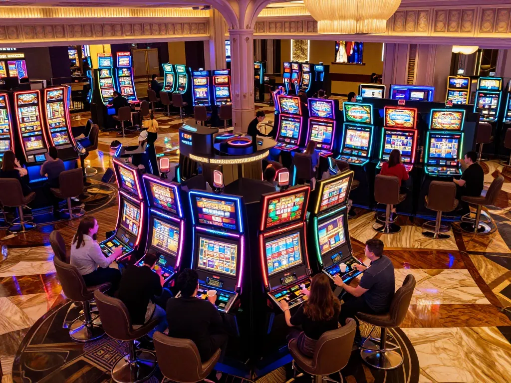Vin88 đăng nhập experience at a bustling casino floor with colorful slot machines and excited players enjoying the thrill of winning.