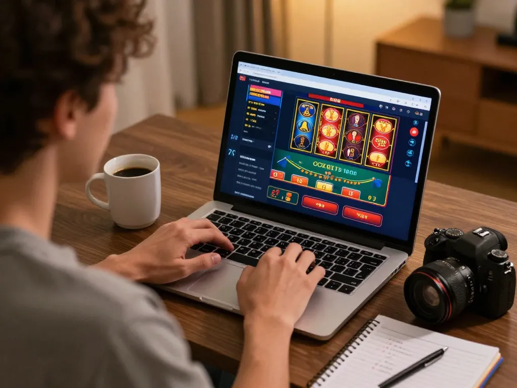Engaging online gaming scene featuring mb66ls gaming on a laptop with strategic betting notes and warm ambiance.