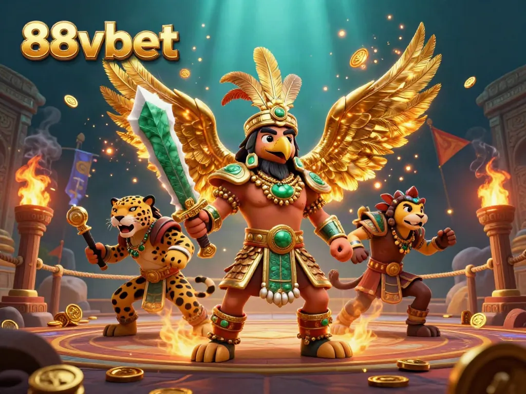 Experience the thrill of 88vbet with Aztec warriors and rich casino elements in a vibrant scene.