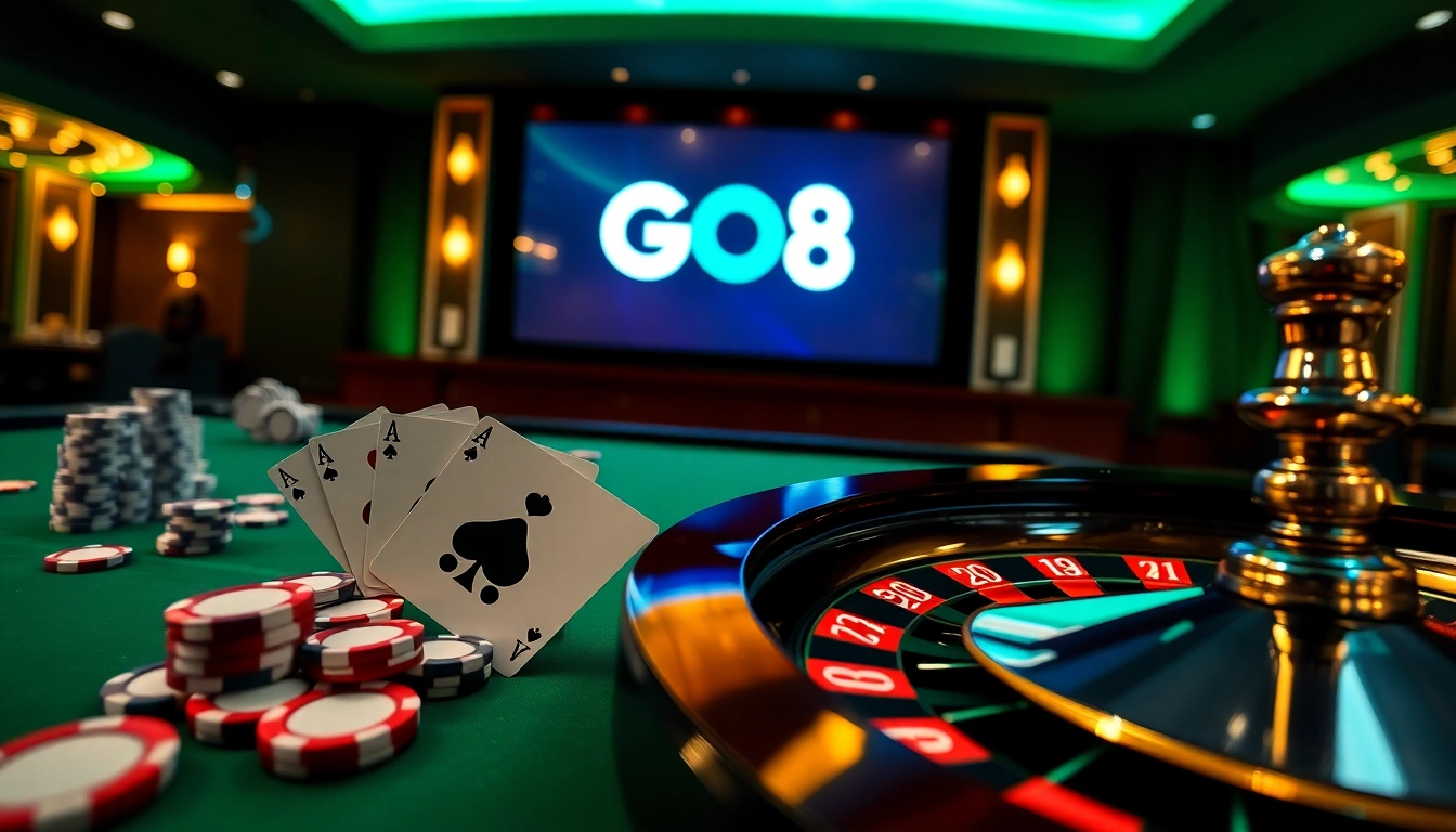 Experience thrilling gameplay at https://go8.ae.org/ with winning poker hands and vibrant casino lights.
