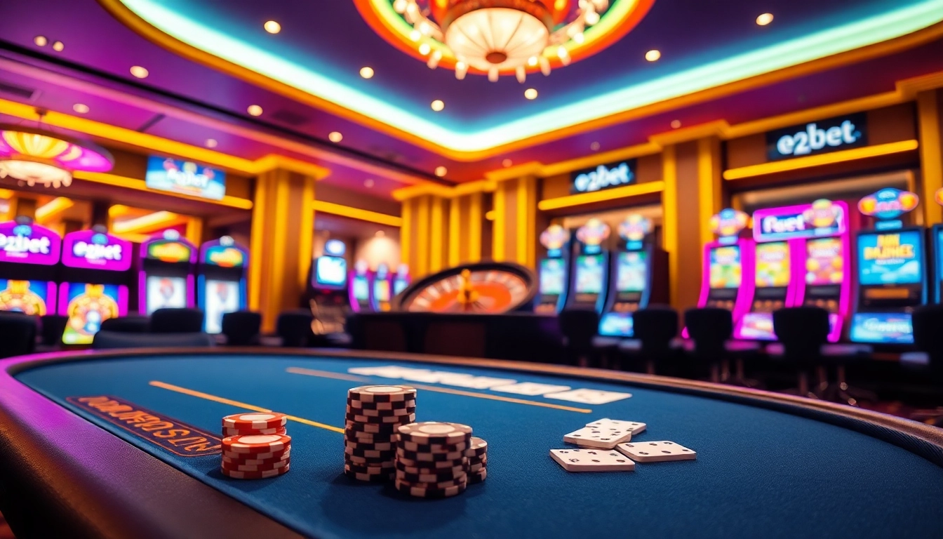 Experience the thrill of e2bet with a luxurious casino atmosphere featuring poker and slot machines.
