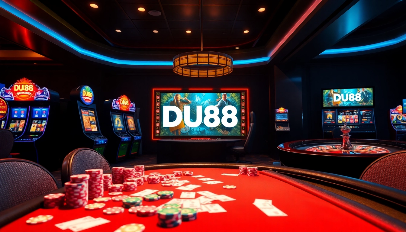Engage with DU88 casino games featuring vibrant slot machines, poker tables, and betting slips.