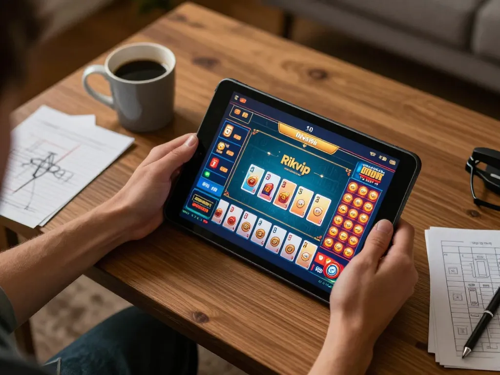 Experience the excitement of playing Rikvip games on a tablet in a cozy home setting.