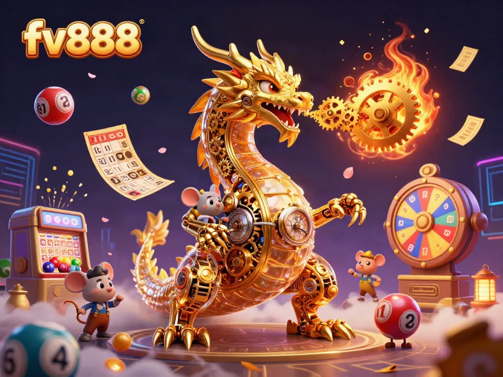 Engage in thrilling gaming action at fv888 with a golden dragon, vibrant lottery elements, and dynamic atmosphere.