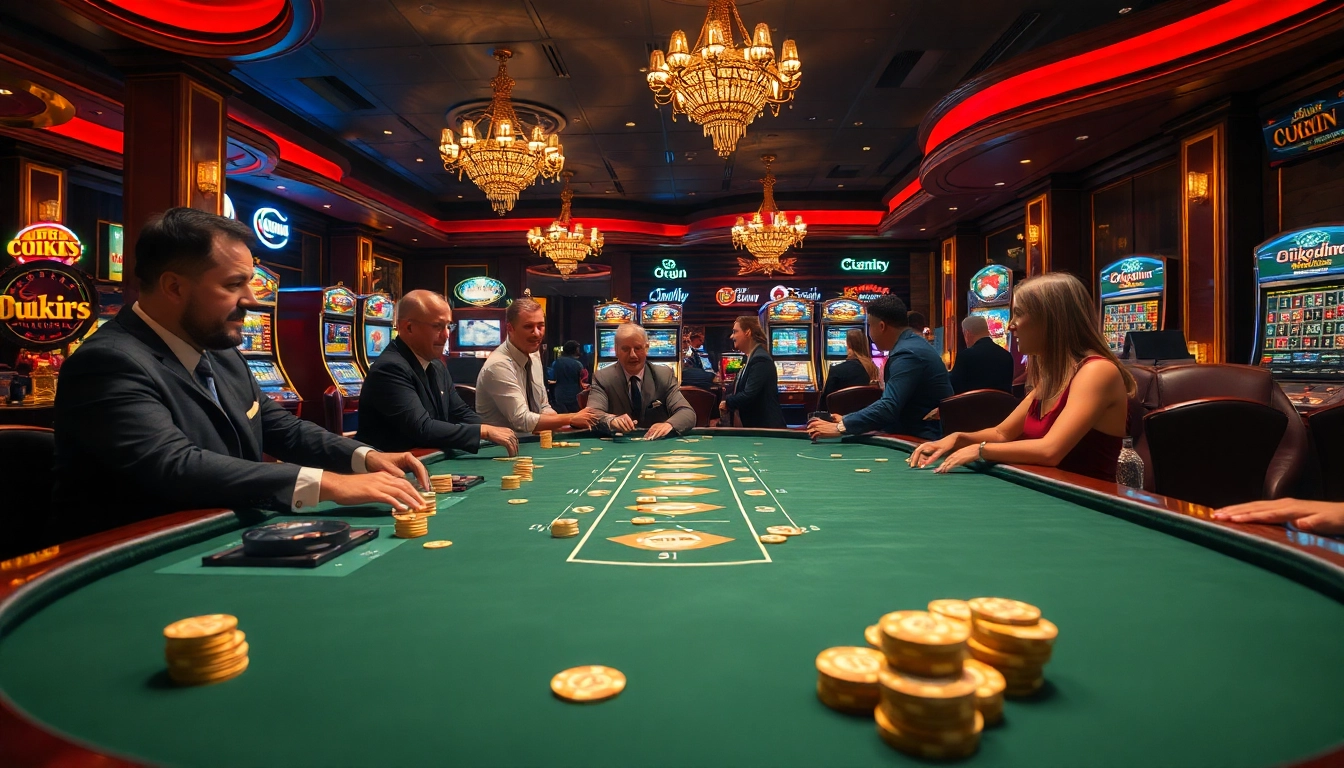 Experience thrilling gameplay at a casino with okwin, featuring vibrant tables and engaged players.