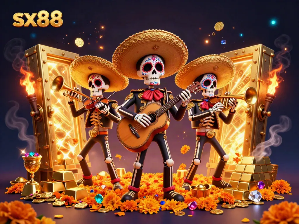 Engage in thrilling gameplay at sx88 with a vibrant 3D casino scene featuring mariachi skeletons and golden treasures.