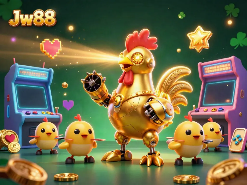 Engage with exciting gameplay at Jw88 featuring a futuristic golden rooster robot in a dynamic casino scene.