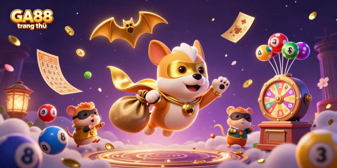 Experience GA88 trang chủ with a dynamic illustration of a superhero dog, coins, and gambling elements flying through the air.