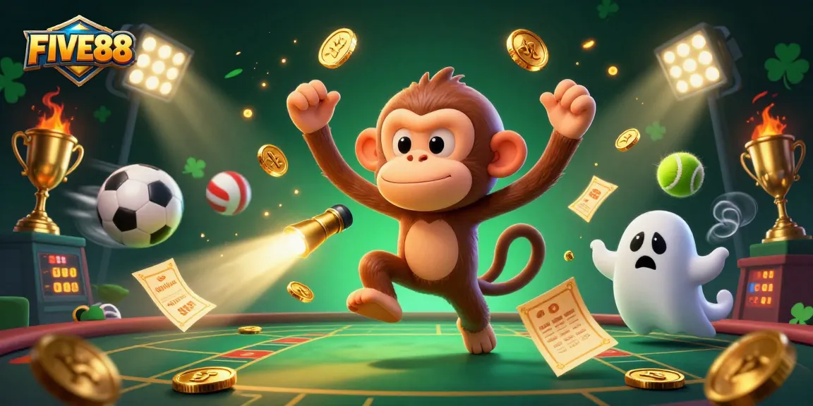 Experience excitement at FIVE88 as a ghost-hunter puppy tracks a mischievous poltergeist monkey in a dynamic casino scene.
