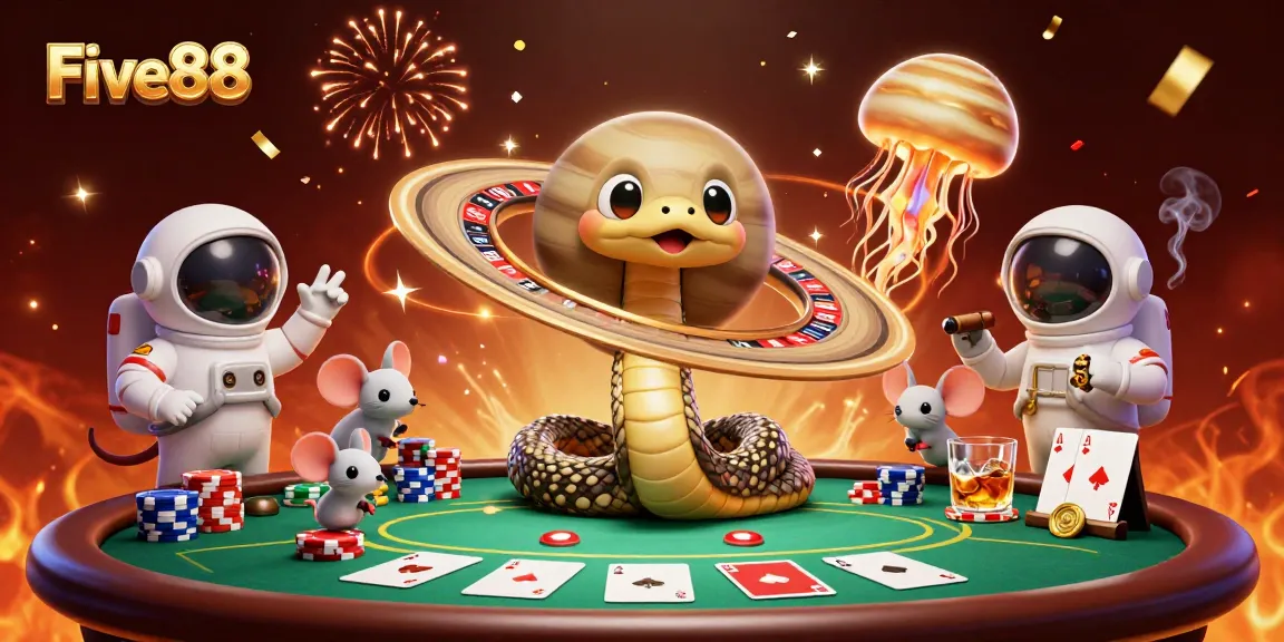 Gamblers explore the Five88 casino universe with dynamic characters and vibrant elements.