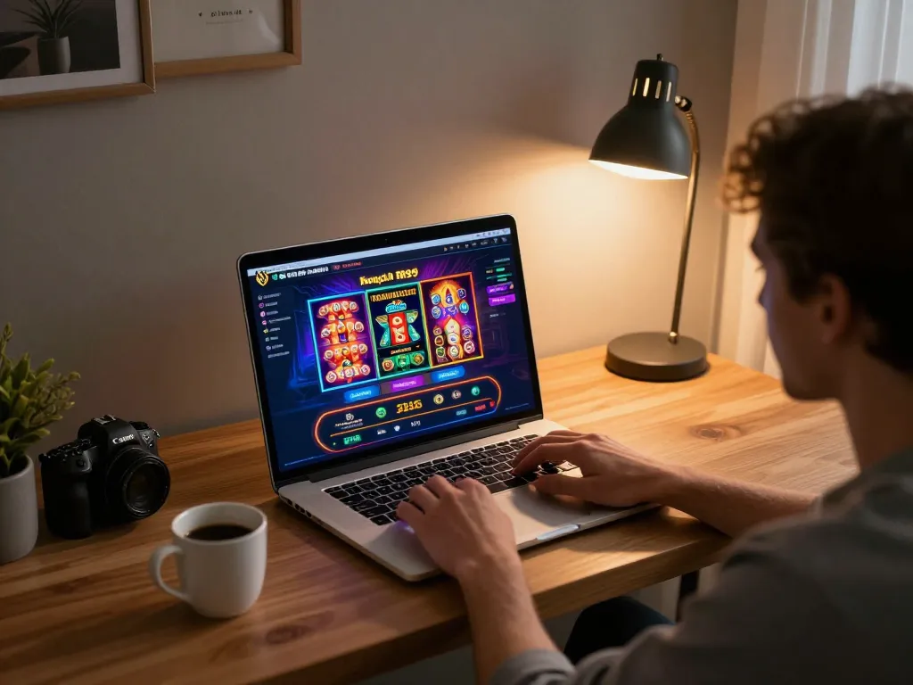 Engaging online gaming scene on Trang chủ RR99 with vibrant slot games displayed on a laptop