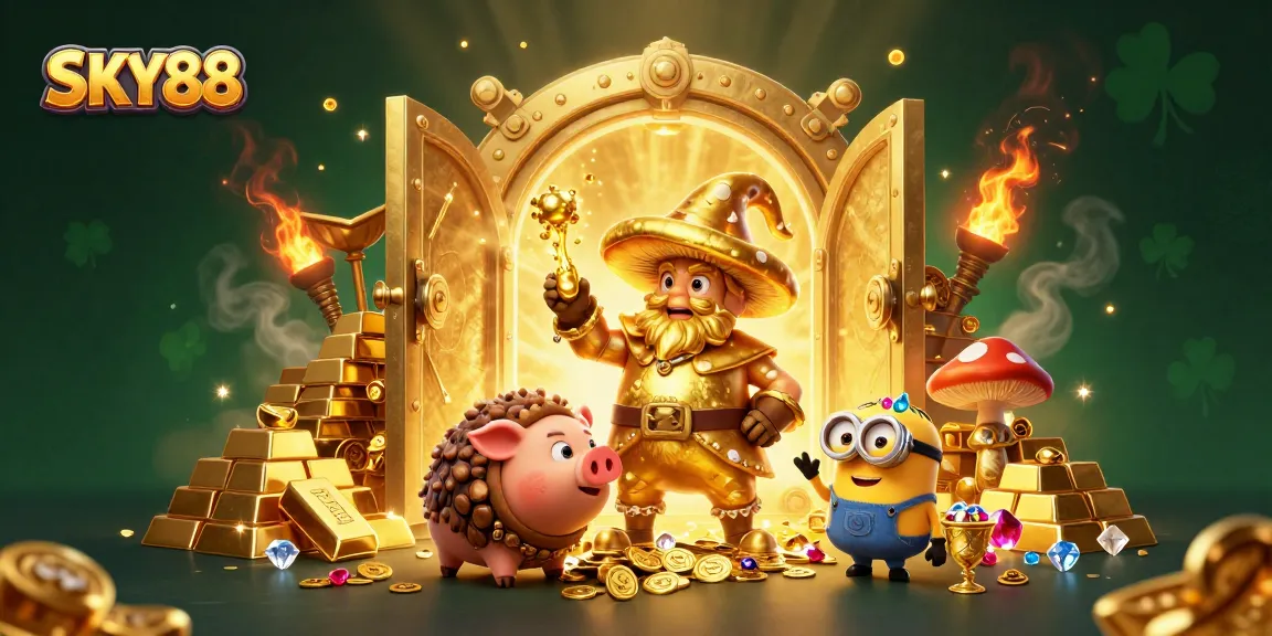 Experience the magic of SKY88 with treasures, wizards, and golden slots in this vibrant casino scene.