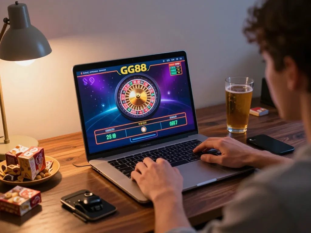 Enjoying an online live dealer game experience with GG88 on a laptop in a cozy environment.