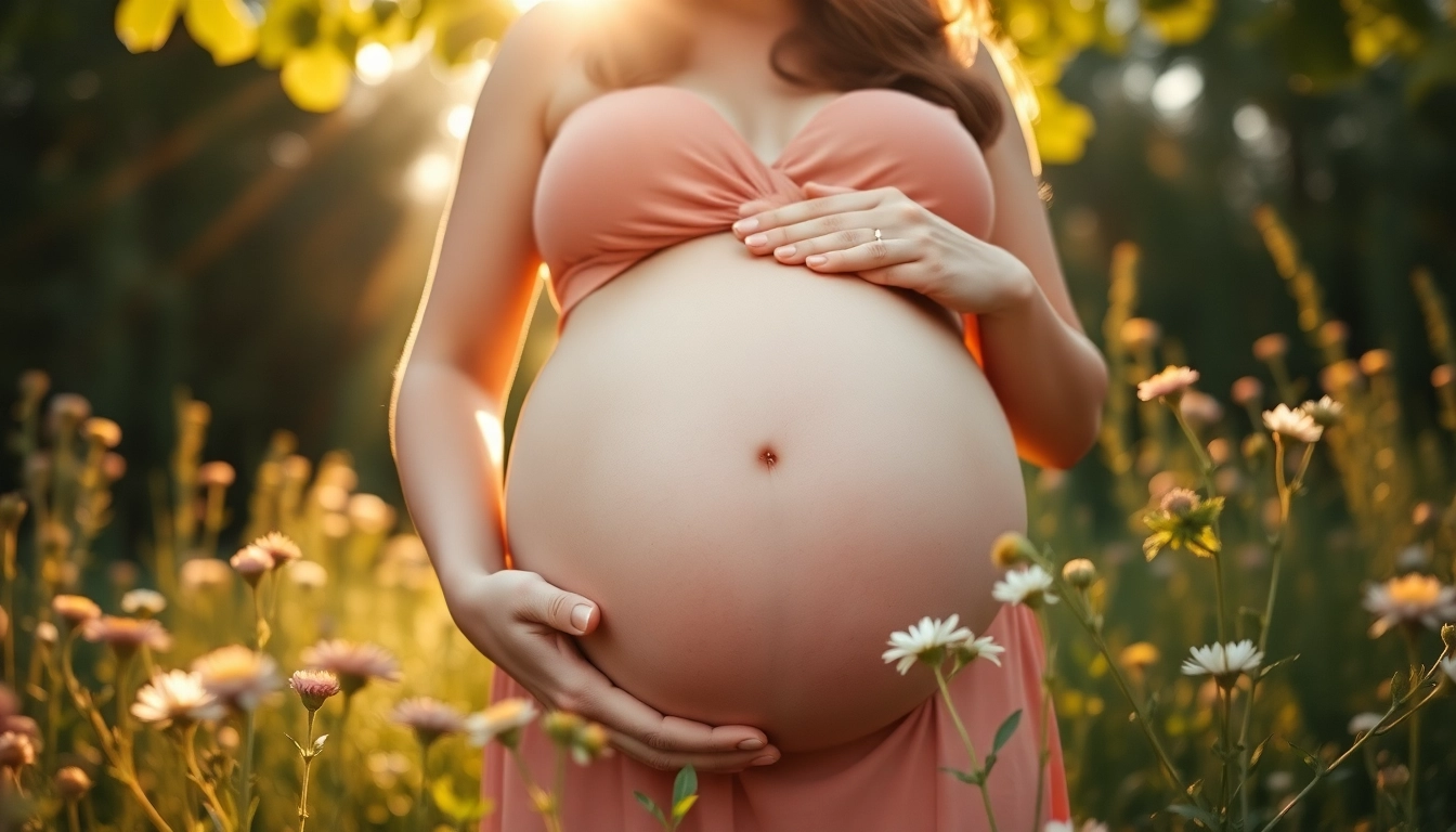 Candid Babybauch Fotoshooting showcasing a glowing mom-to-be in a natural setting with flowers.