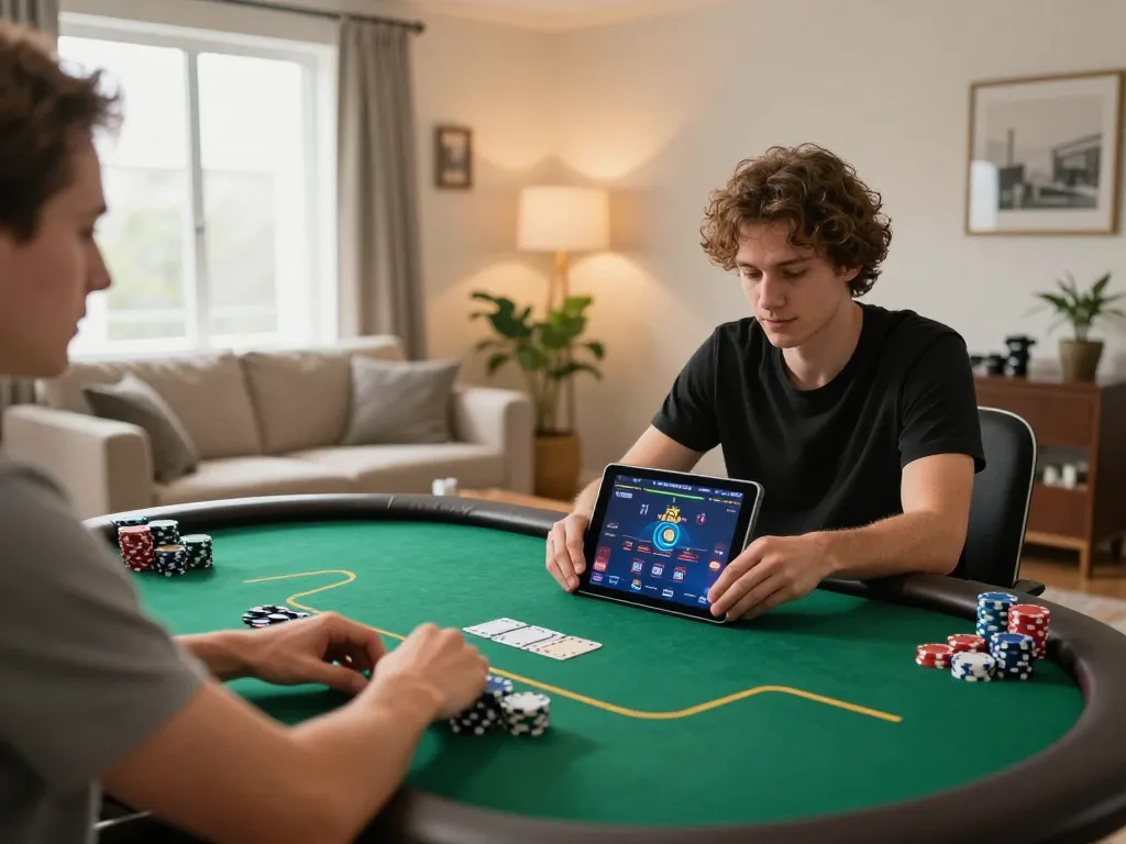 Player enjoying online poker at home on tablet in a cozy setting, showcasing 789win01 gaming excitement.