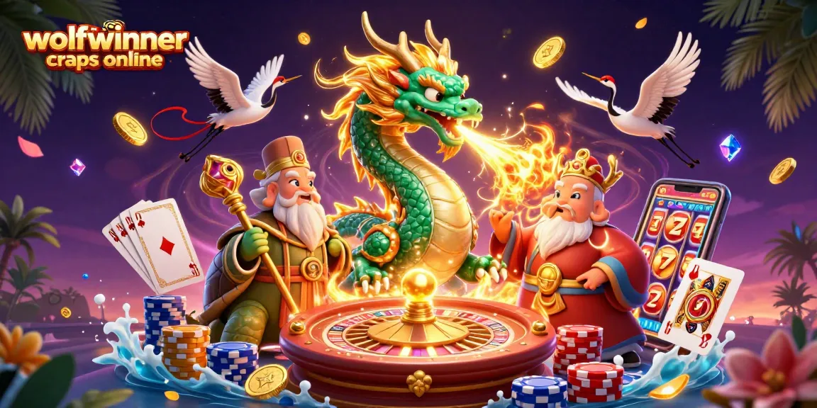 Experience wolfwinner craps online with an emerald dragon, wise turtle, and lucky cranes amidst vibrant casino elements.