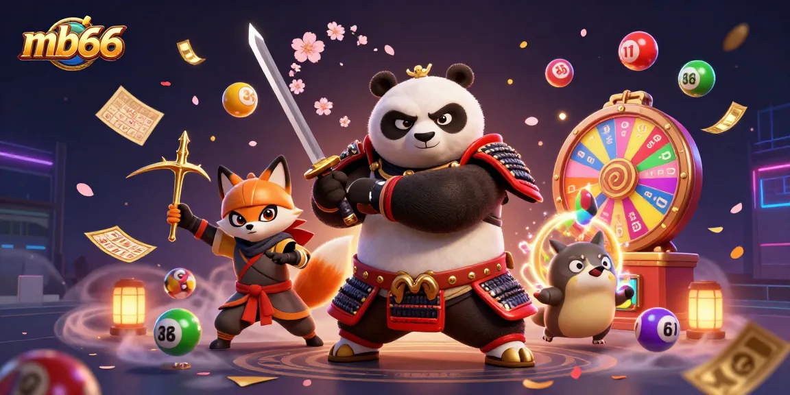 Engage with mb66's dynamic lottery scene featuring samurai panda and ninja fox energetically betting.