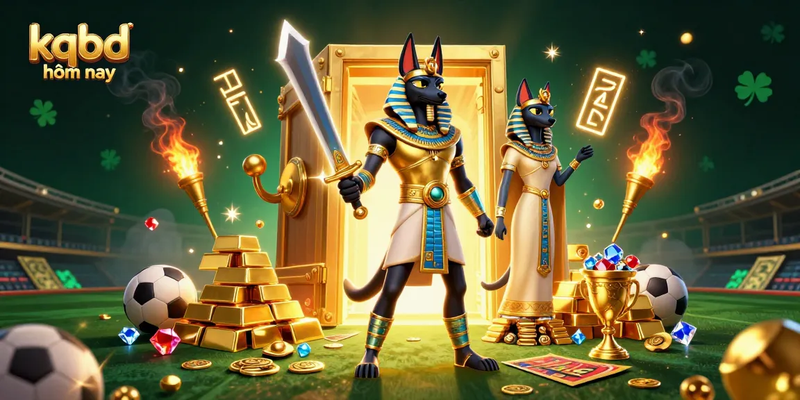 Experience thrilling kqbd hôm nay action as Anubis and Bastet celebrate sports betting victories amidst scattered treasures.