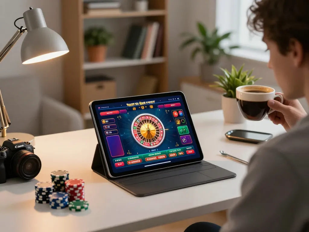 Engaged in online gaming with sam86, enjoying a vibrant roulette game on a tablet in a cozy home setting.