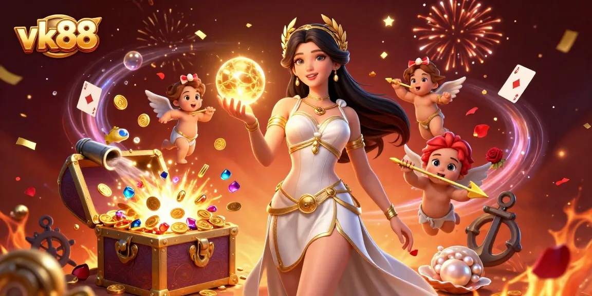 Join the excitement at vk88 with a captivating 3D scene showcasing winning games, vibrant visuals, and alluring prizes.