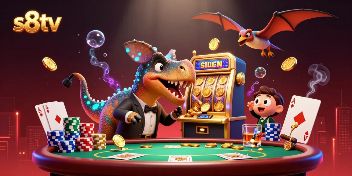 S8TV delivers thrilling gambling with a cartoon pachycephalosaurus winning coins at a golden slot machine.