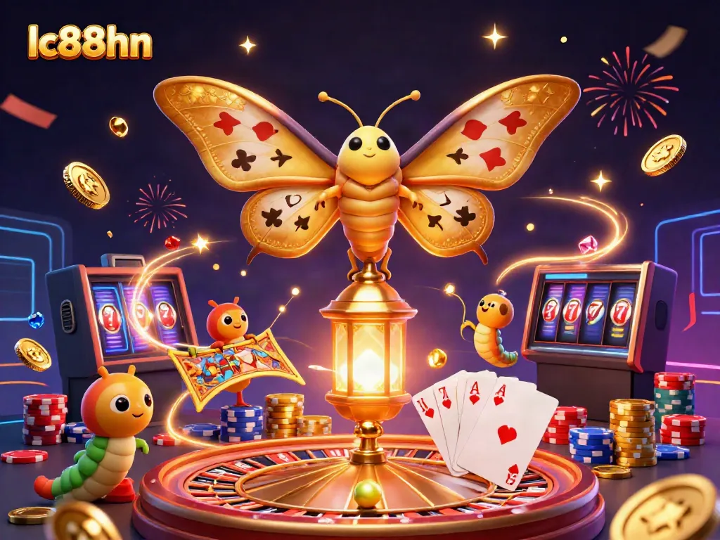 Experience thrilling gaming with lc88hn's golden casino-themed illustration featuring an atlas moth.