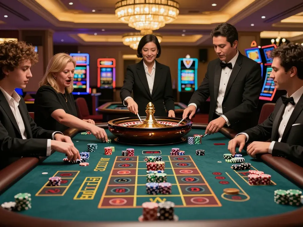 gk88 players enjoying an exciting roulette game in a luxury casino atmosphere