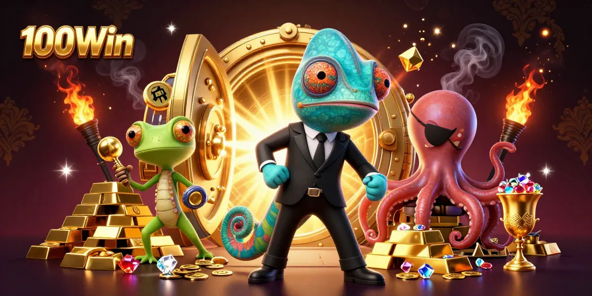 Experience the thrill of 100Win with vibrant casino characters and gleaming treasures.