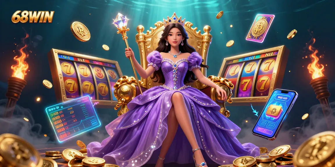 Join the thrilling world of 68WIN online gaming featuring a vibrant casino scene with exciting slots and crypto elements.