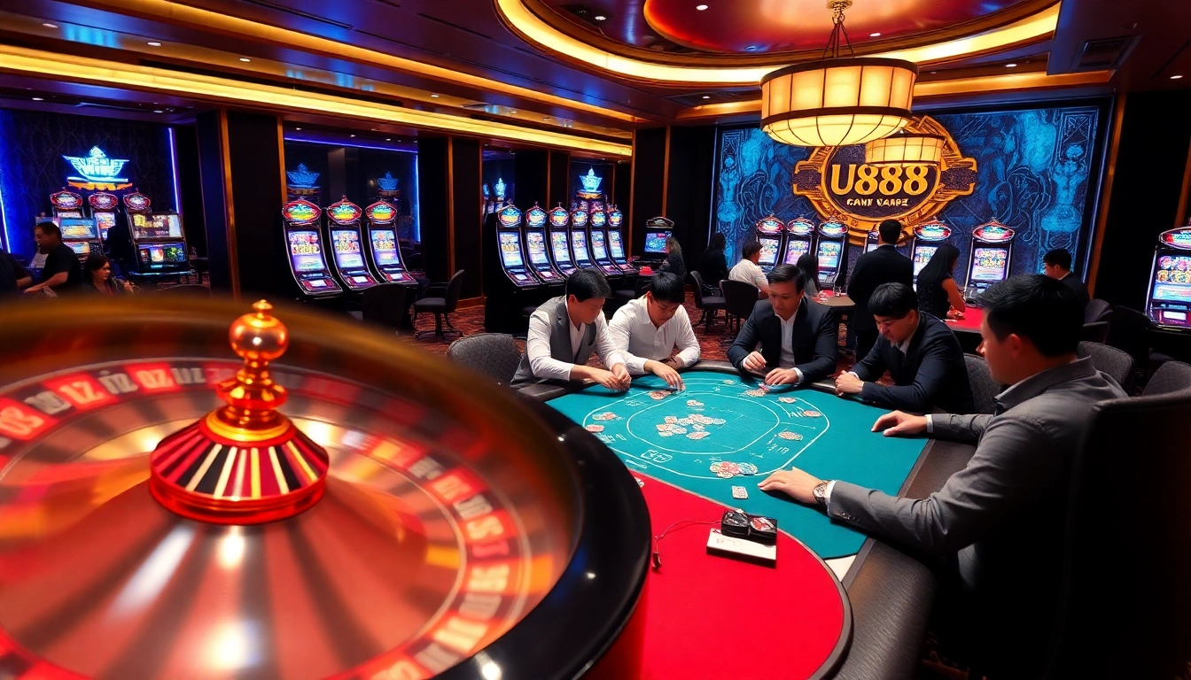 Engaging gambling scene featuring U888 branding with players at a poker table.