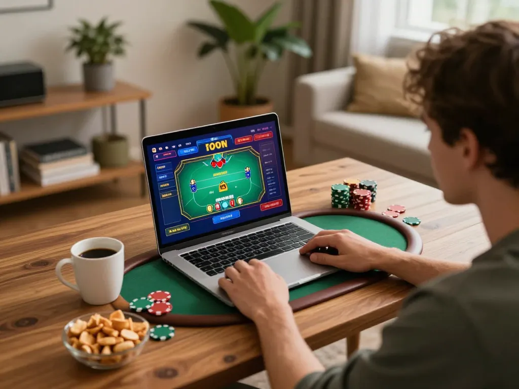 Player engaged with an online poker game on a laptop, highlighting strategic moves in go8 gaming.