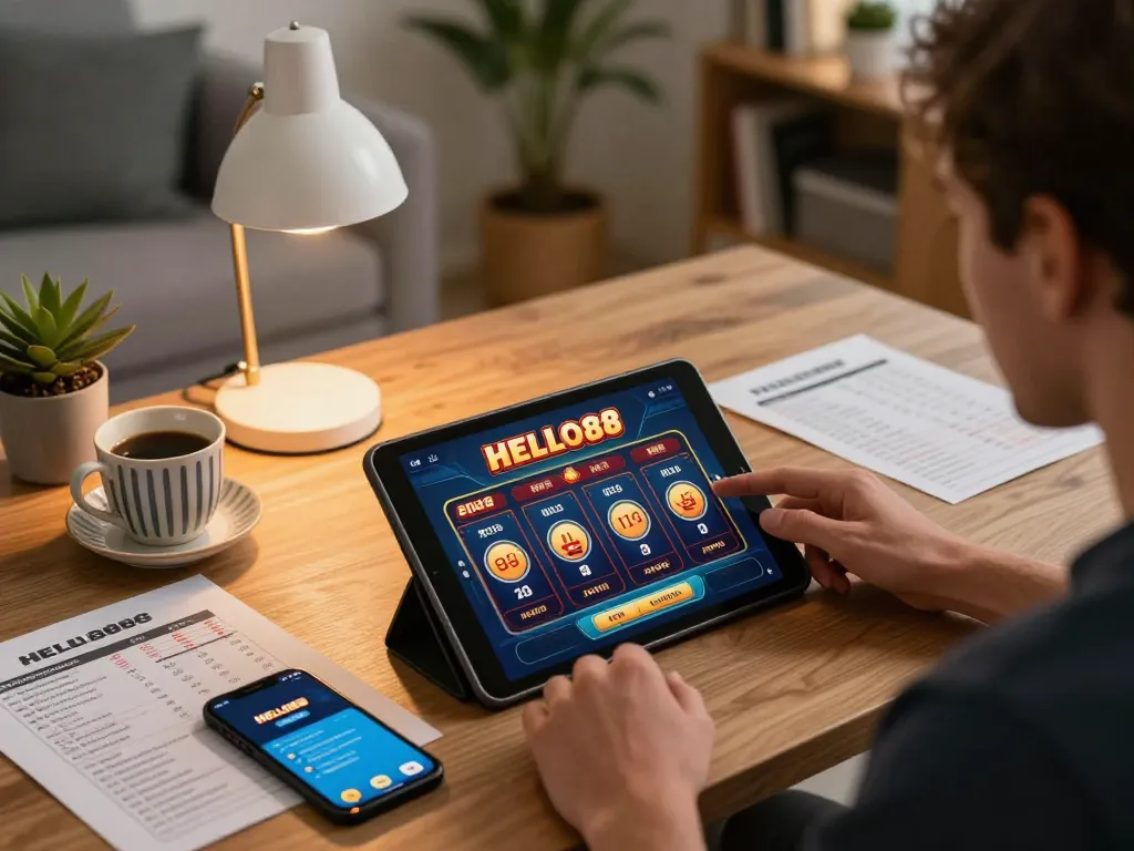 Engaging with HELLO88 app during online gaming session on tablet.