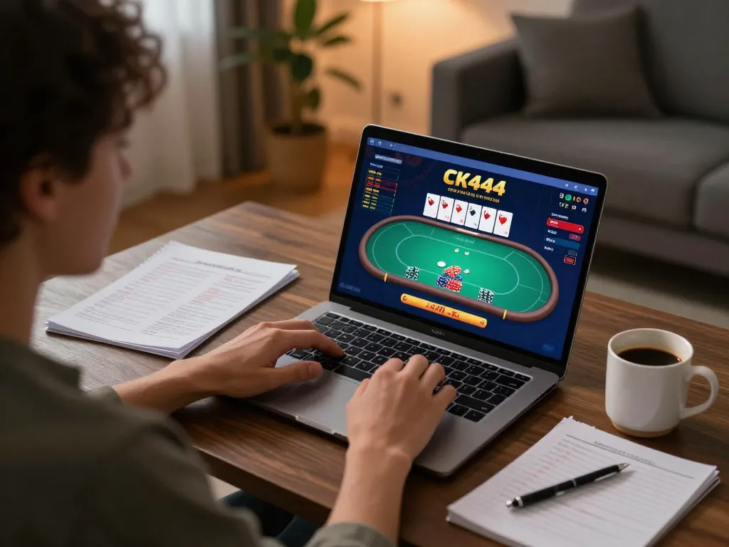 Player enjoys a thrilling CK444 online poker game, surrounded by strategy notes in a cozy home setting.